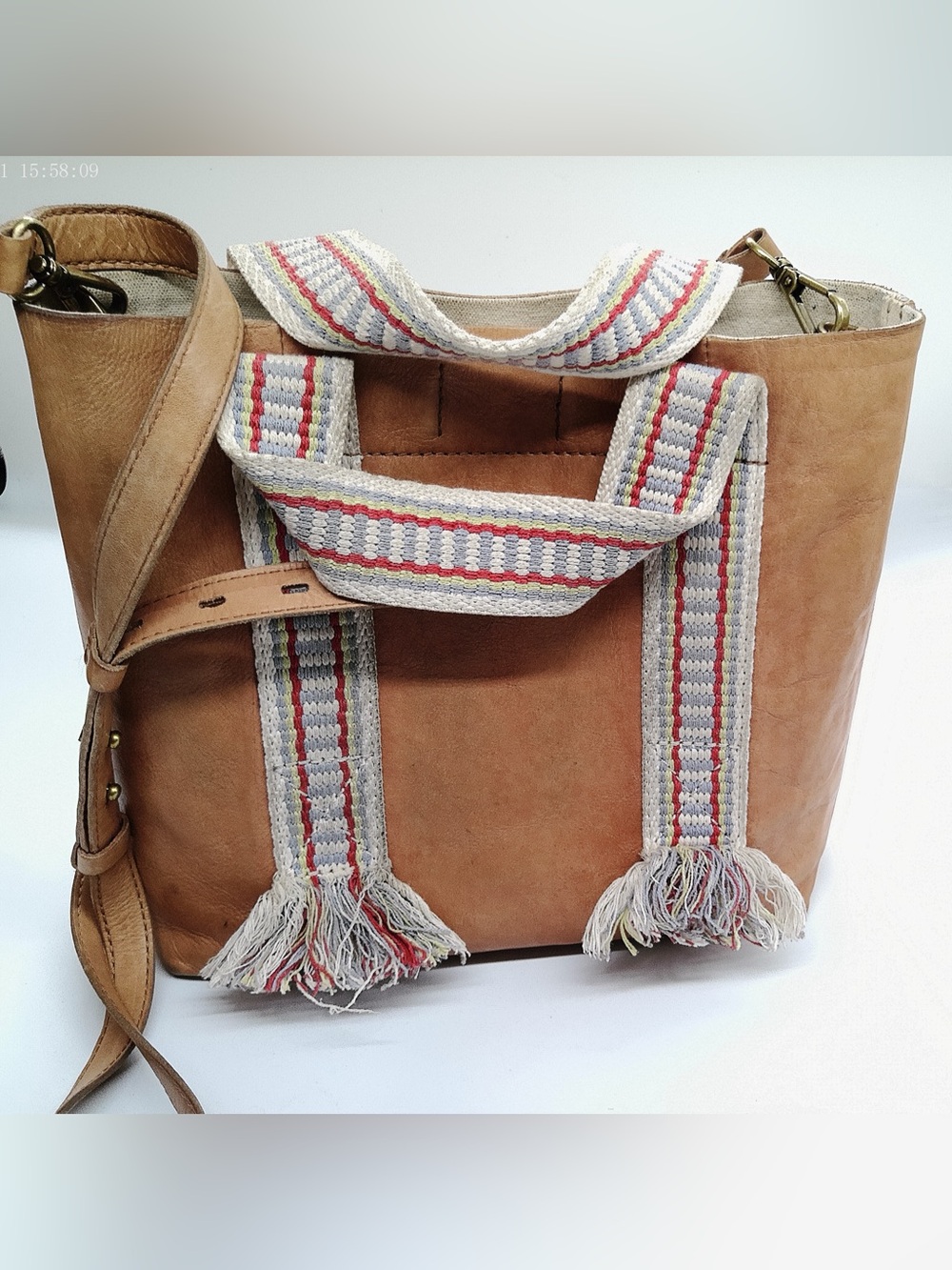 Madewell Tan Leather Tote with Striped Woven Handles